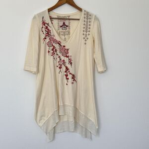 Johnny Was JW Los Angeles Tunic Shirt Womens XS Ivory Embroidered V Neck Boho